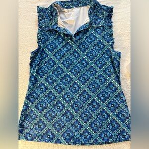 NWT Gottex women’s sleeveless shirt with ruffle blue print tennis golf size S